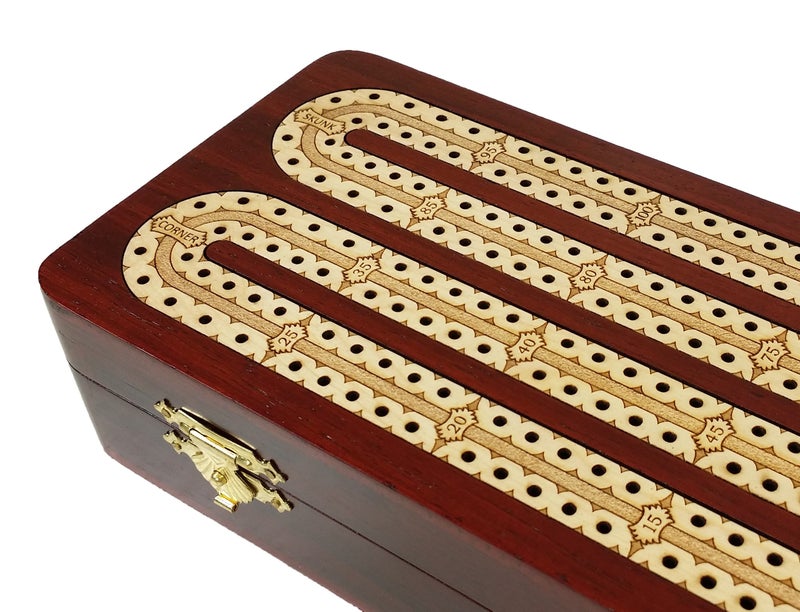 House of Cribbage 12 1/2" 2 Track Continuous Cribbage Board W/Card Storage Maple Tracks on Bloodwood Corner & Games Won - Image 4